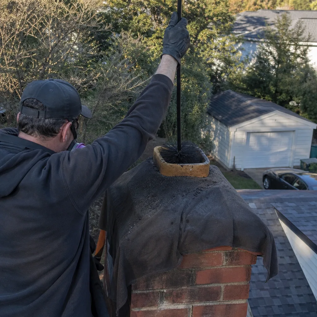 Professional chimney sweep cleaning a residential brick chimney with a long brush