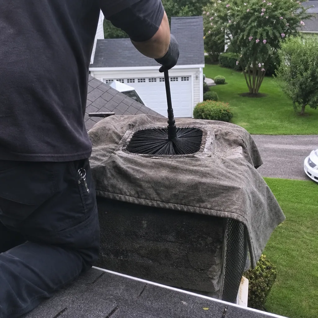 Professional chimney sweep cleaning a residential chimney stack on a roof