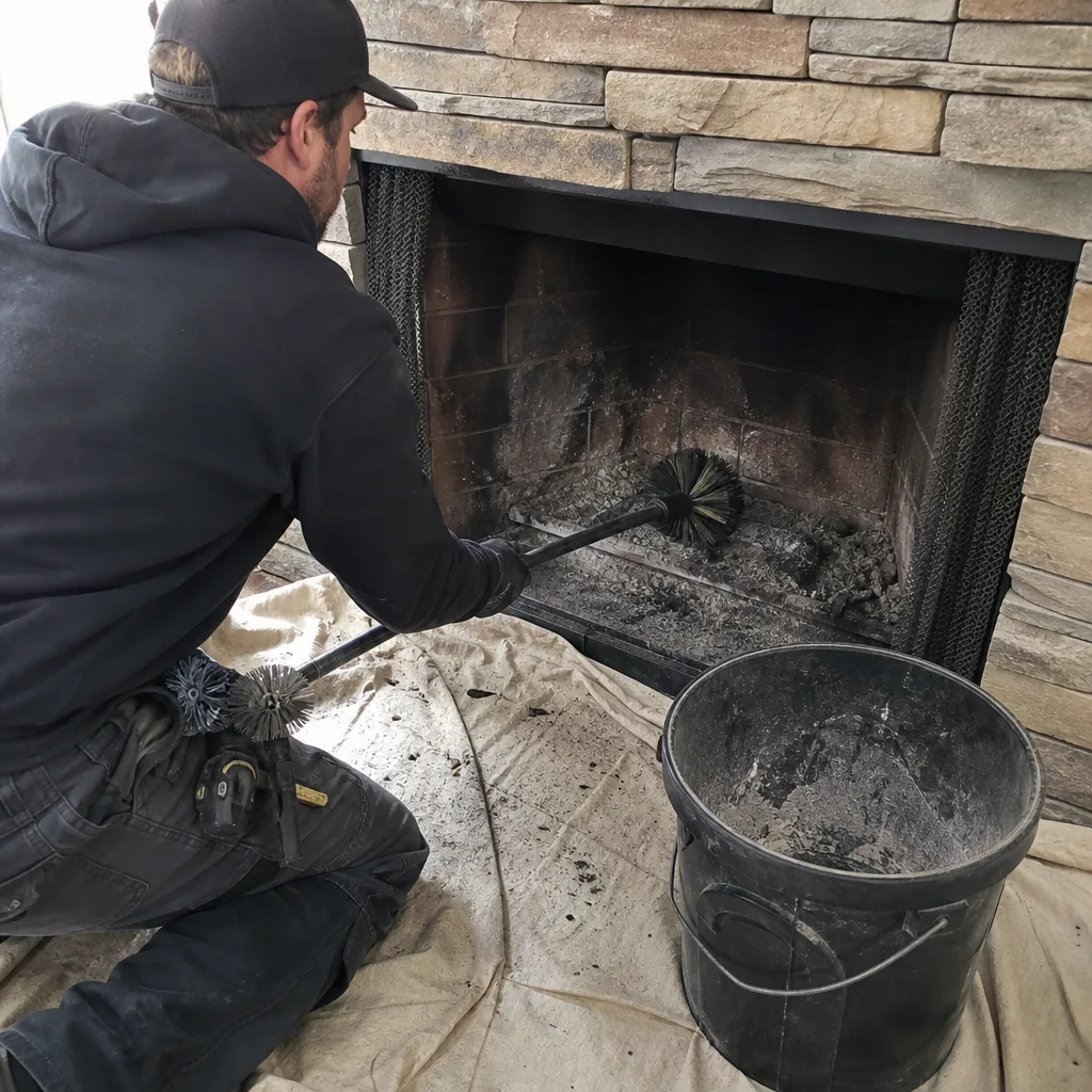 Professional chimney sweep cleaning a stone fireplace with a brush tool