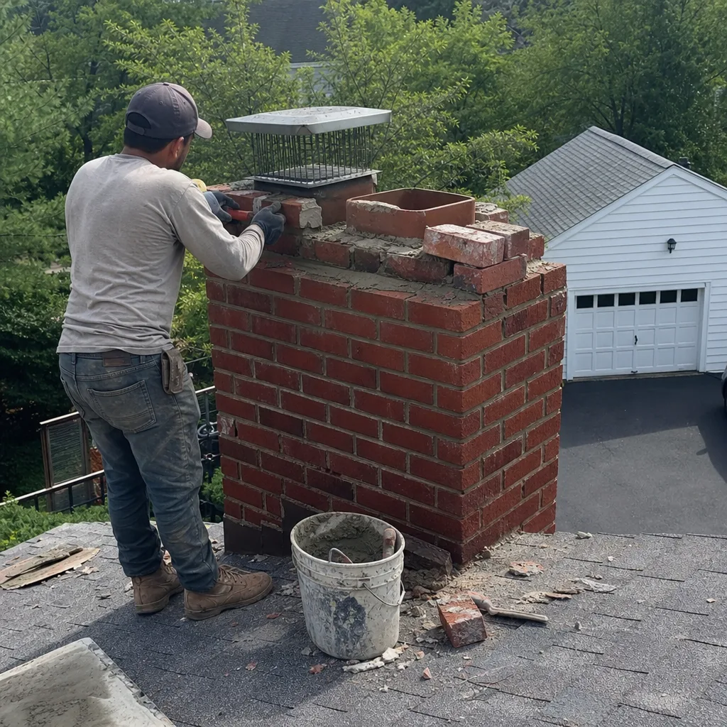 Professional mason performing chimney repair and brickwork maintenance on a roof.