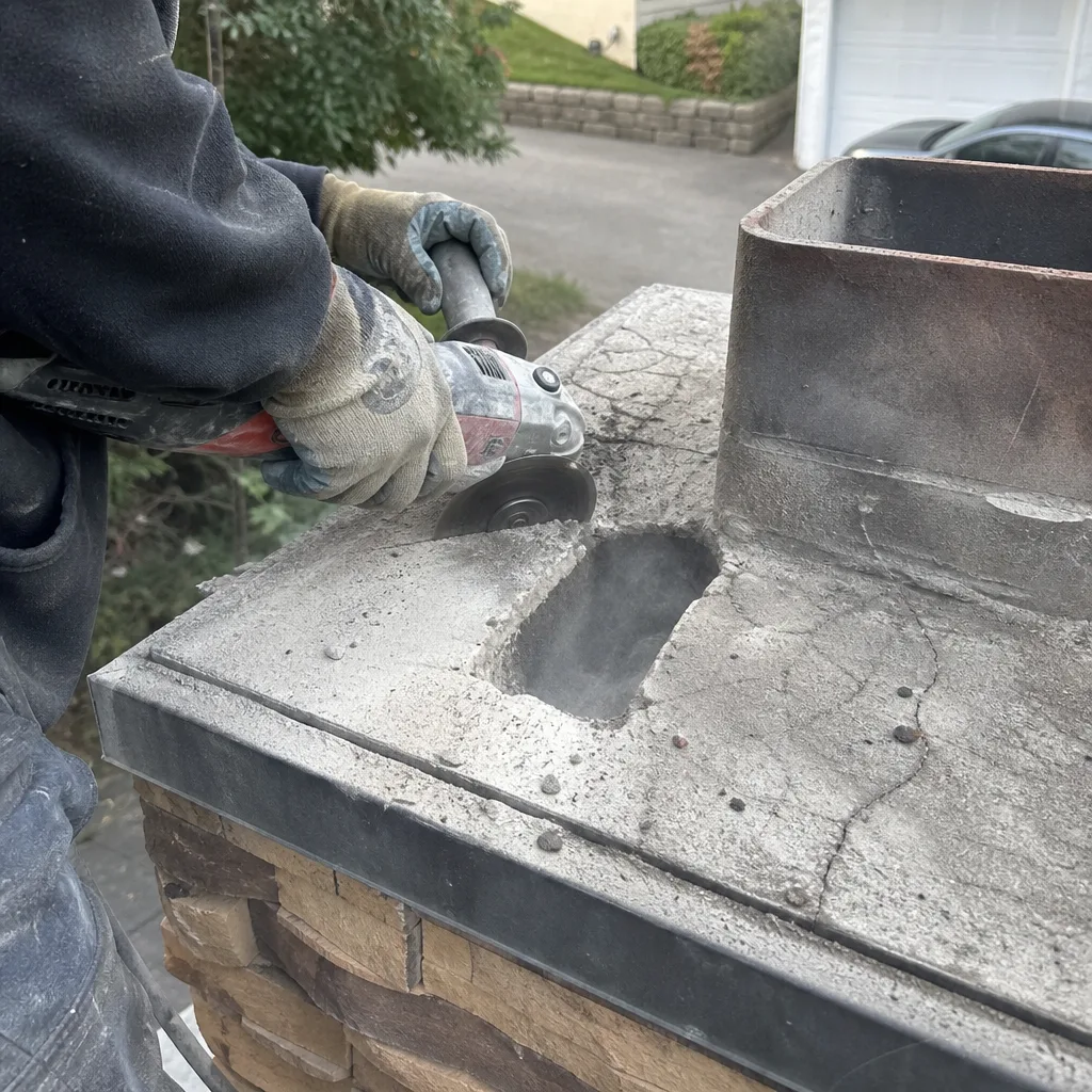 Technician using an angle grinder for chimney crown repair and maintenance