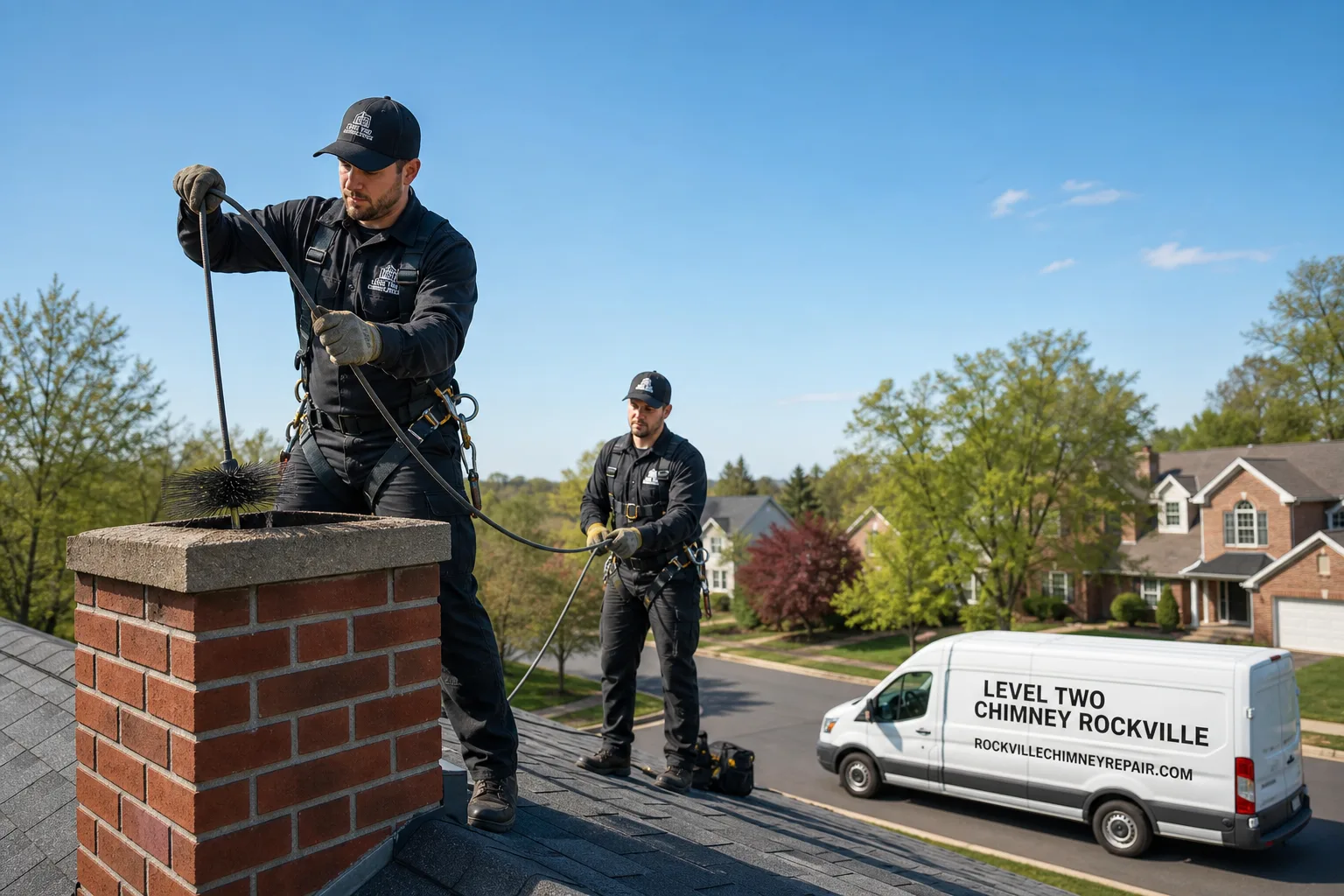 Level Two Chimney Rockville chimney cleaning service vehicle and crew in Rockville, MD